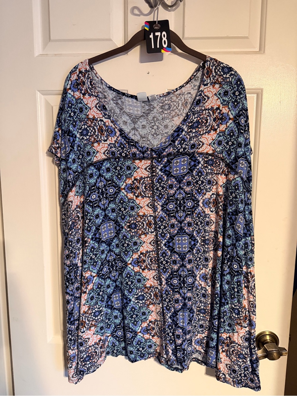 Artisan Ny Blue and Pink Printed V-Neck Long Sleeve Top